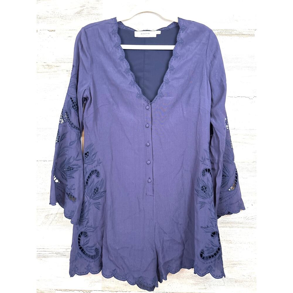 ASTR Womens XS Deep Blue Lace Overlay Flare Sleeve Luxury Blouse Boho